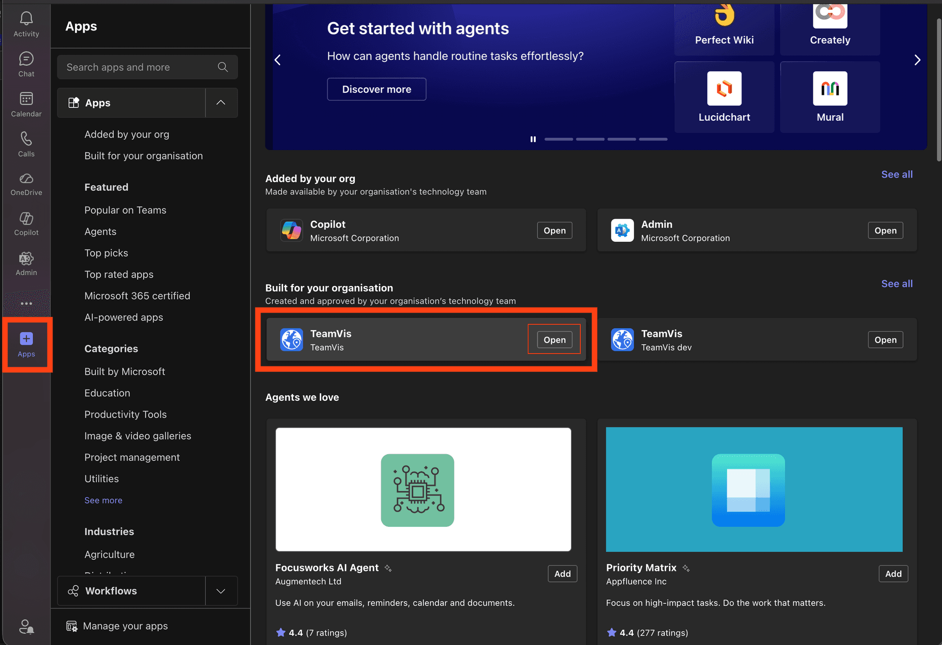 Teams Apps page with the TeamVis app open button