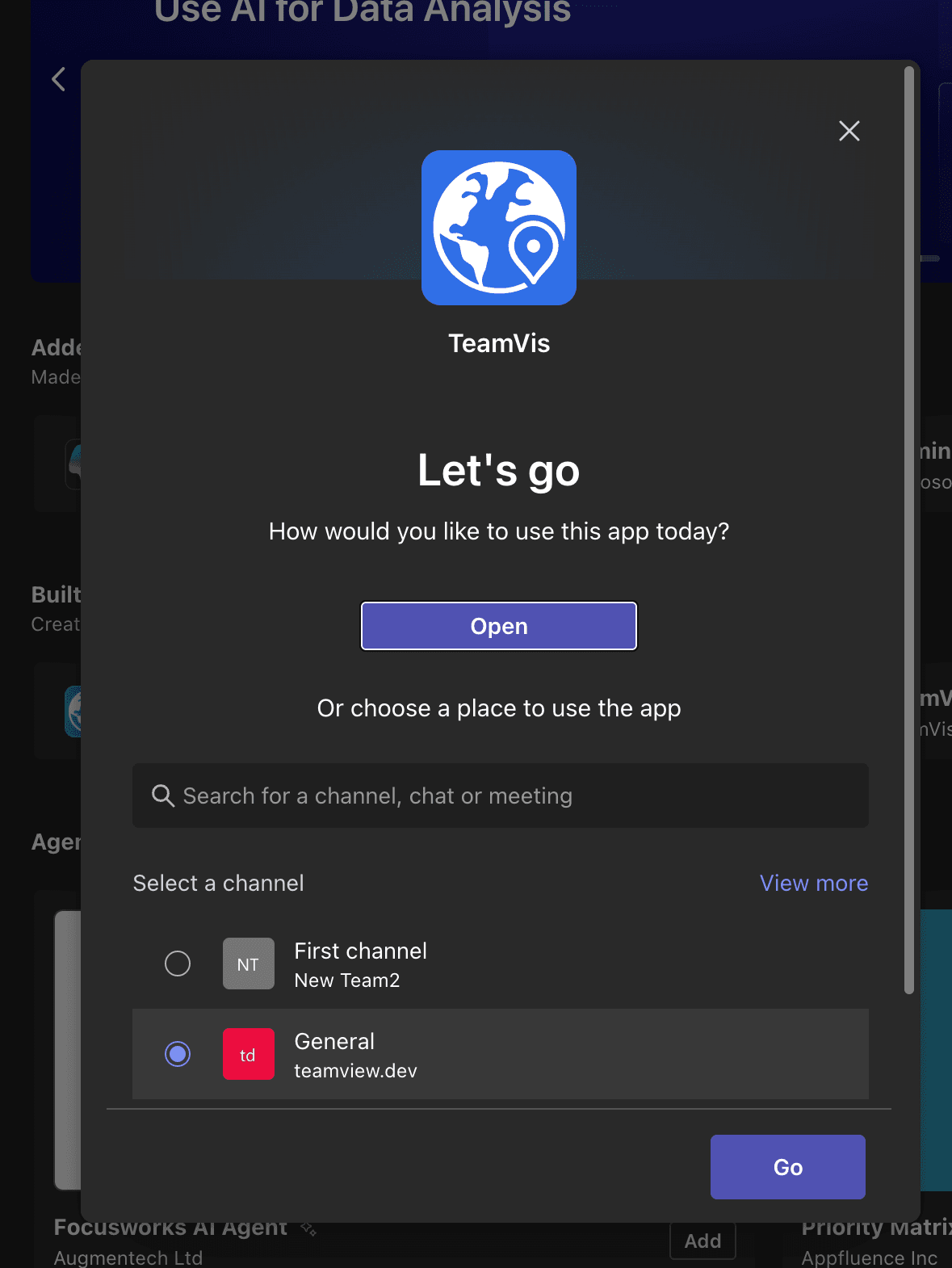 Modal with option to select which channels to add the app to