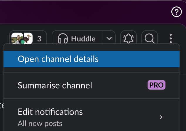 Slack channel menu with Open channel details button