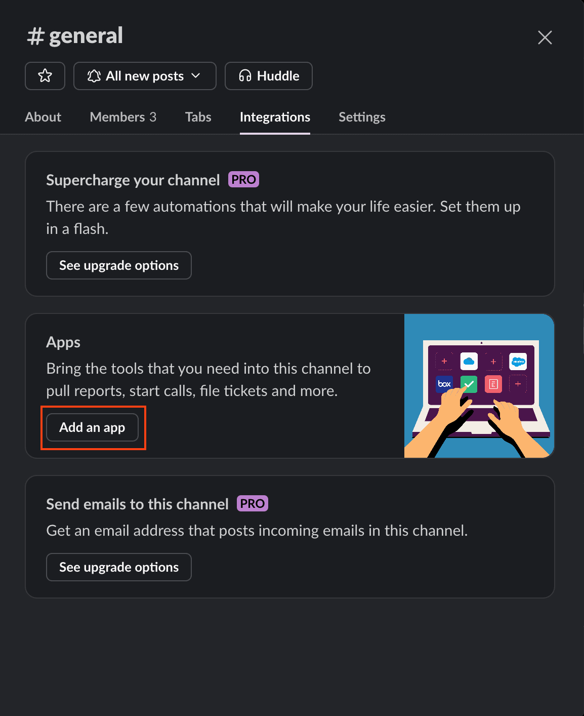 Channel details modal with Integrations tab and Add an app button