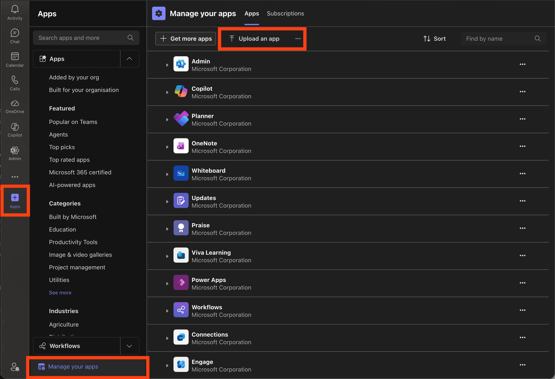 Teams app sidebar showing the Apps button, Manage your apps button, and Upload an app button
