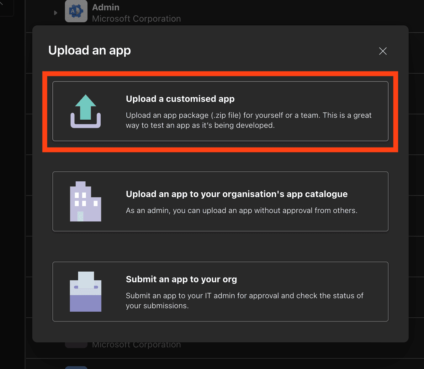 Upload an app modal with Upload a customised app button