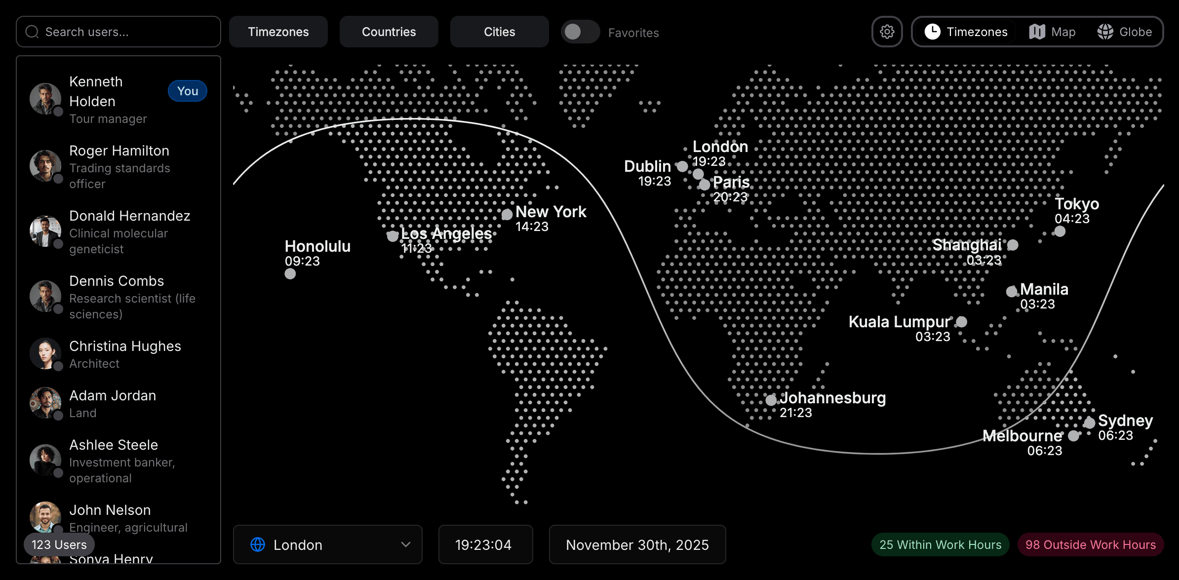 TeamVis TimeZone 2D Map page, showing employees by location and work hours.