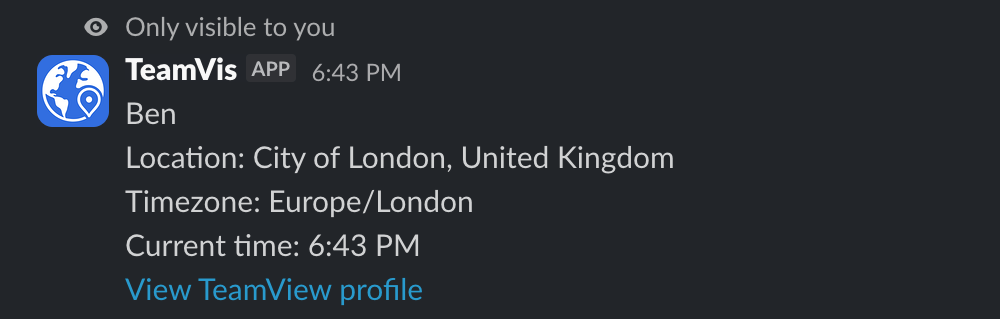 TeamVis /location command replying with a teammate's city, timezone and local time in Slack