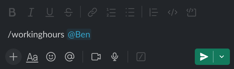 Typing the workinghours command in Slack