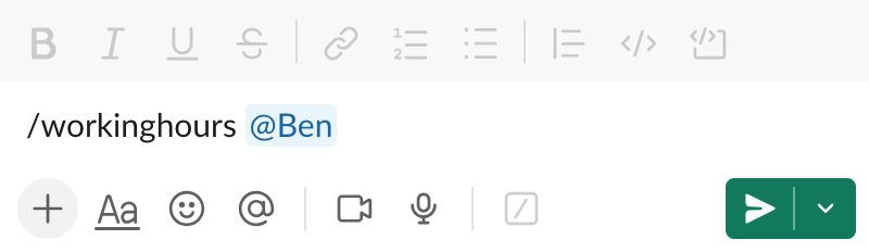 Typing the workinghours command in Slack