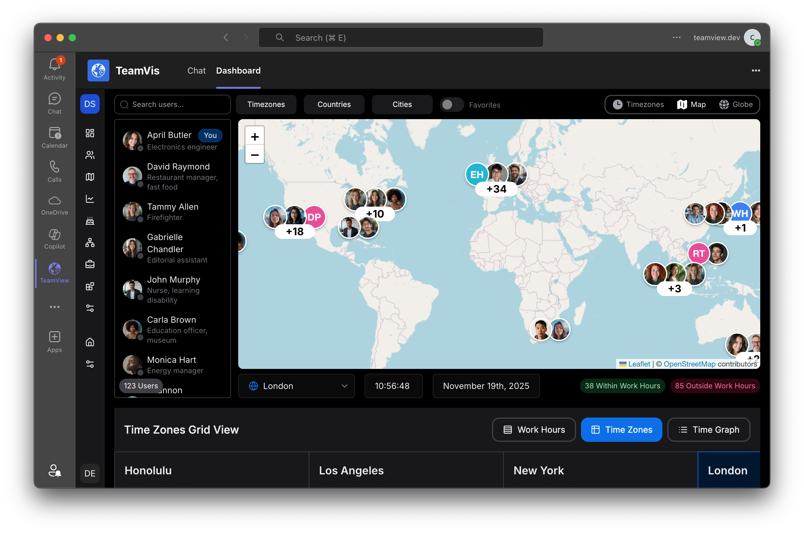 TeamVis employee map open as a tab in Microsoft Teams
