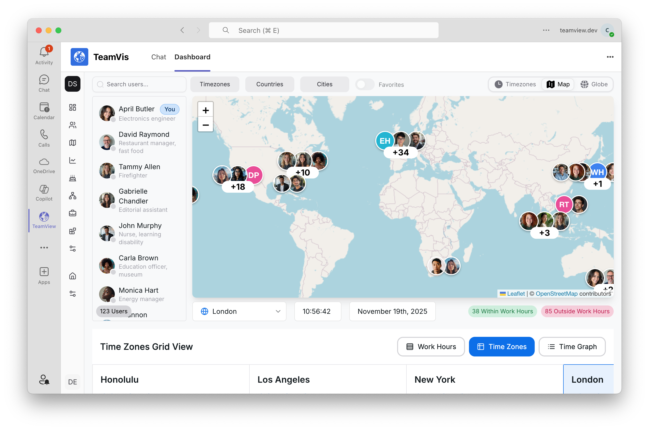TeamVis employee map open as a tab in Microsoft Teams