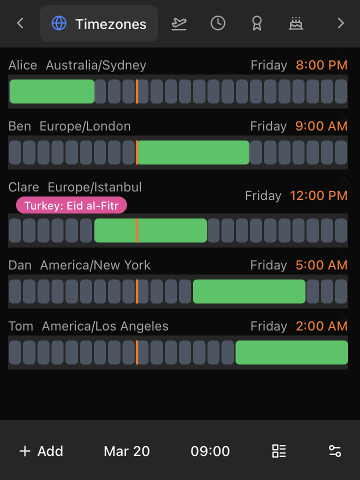 TeamVis menu bar app showing teammates' working hours across time zones