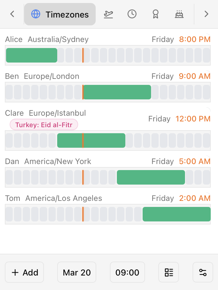TeamVis menu bar app showing teammates' working hours across time zones